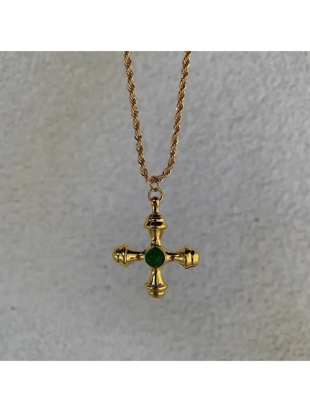 Futuristic Cross Star Green Opal Pendant Gold Rope Chain Necklace. Stainless